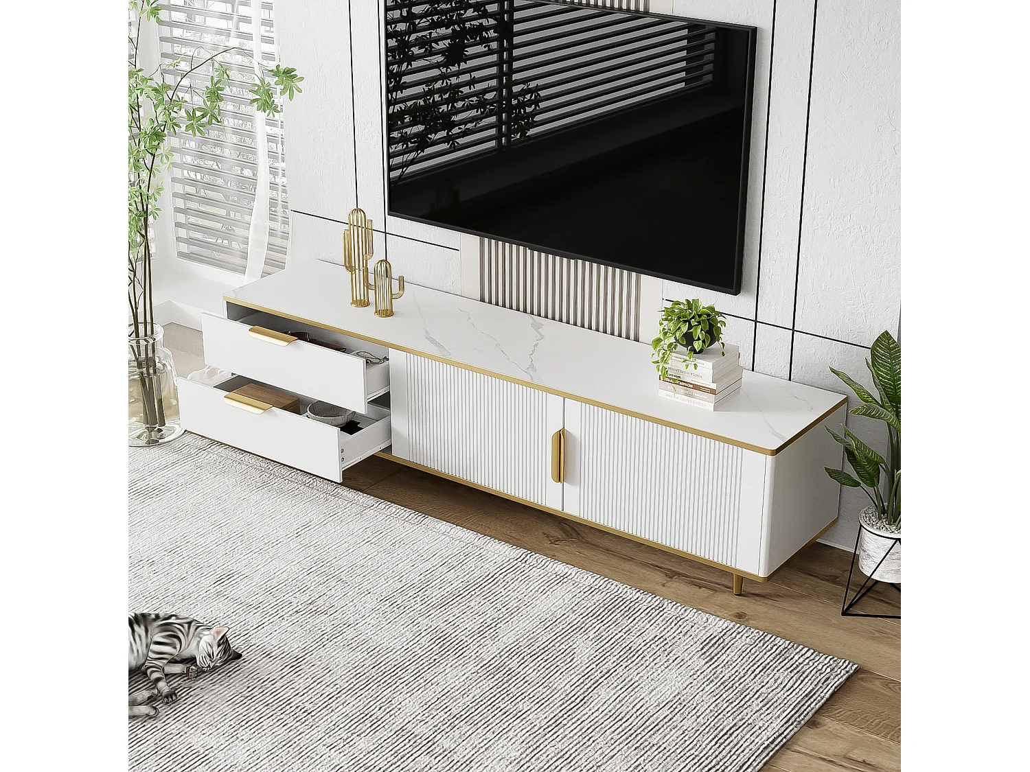 Meuble TV avec 2 portes et 2 tiroirs - 175x37x45cm - bois MDF - poignées et pieds dorés - plateau à motif marbre - blanc