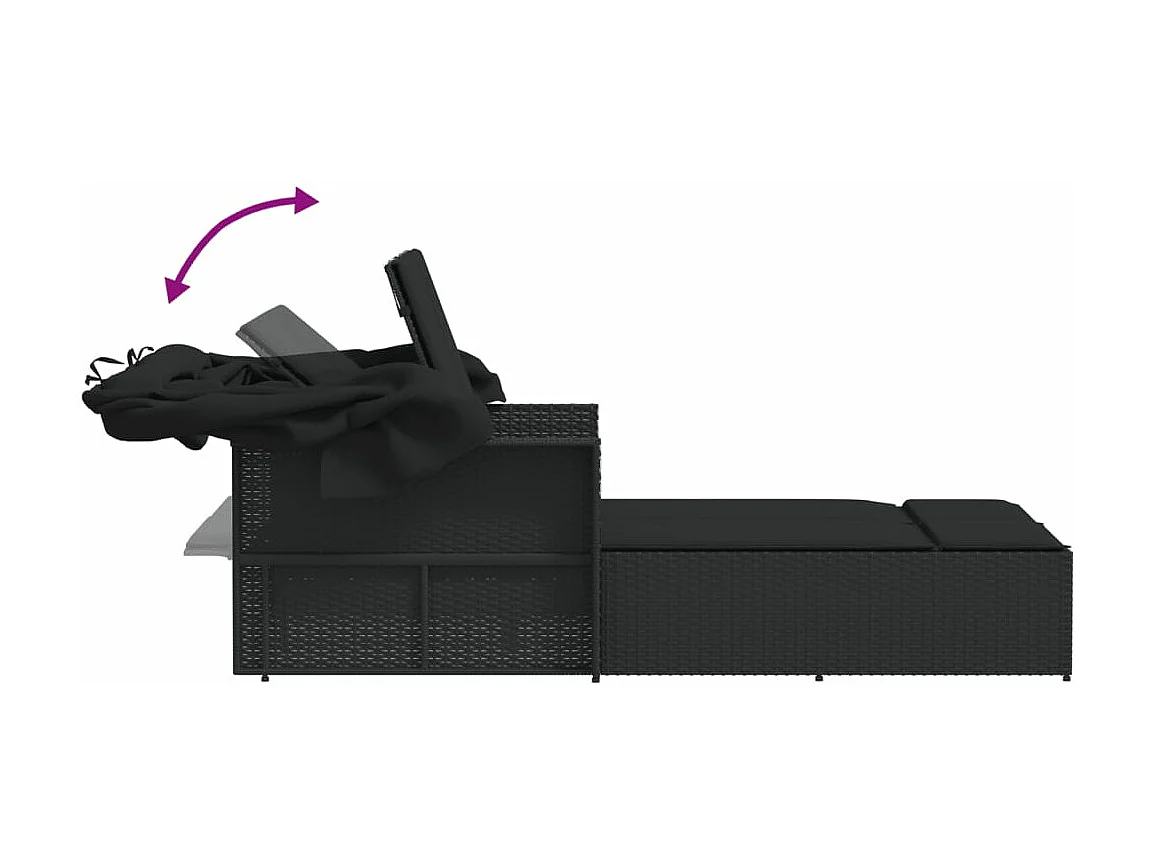 Chaise longue double et auvent et coussins noir résine tressée