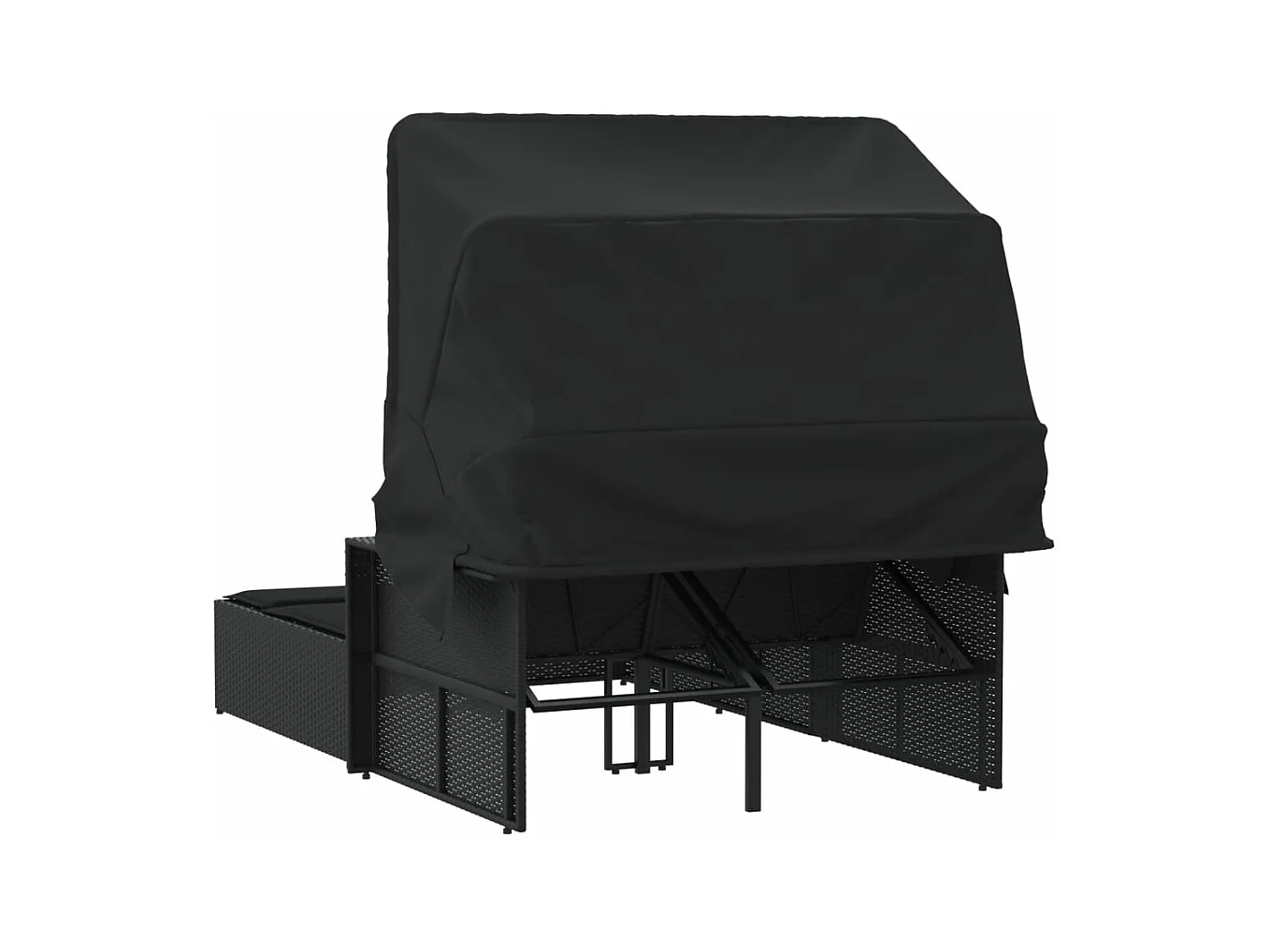 Chaise longue double et auvent et coussins noir résine tressée