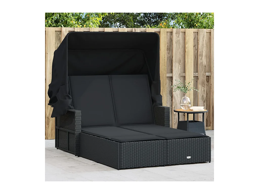 Chaise longue double et auvent et coussins noir résine tressée