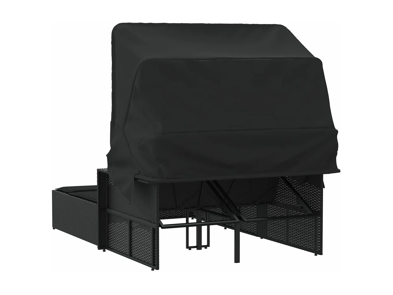 Chaise longue double et auvent et coussins noir résine tressée