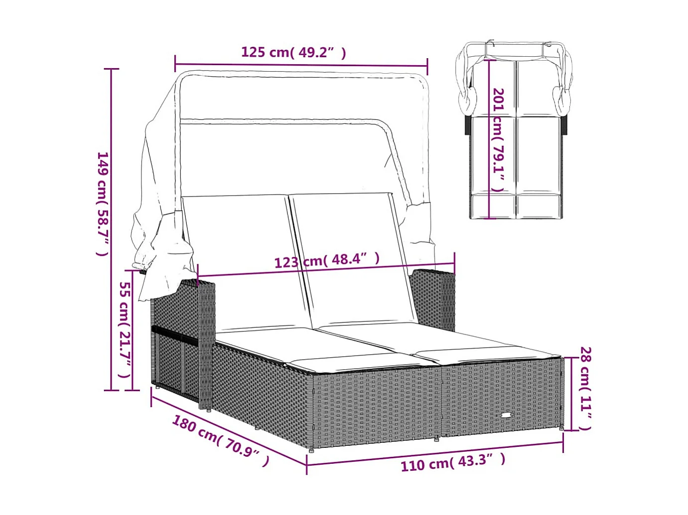 Ligbed 2-persoons met luifel en kussens poly rattan zwart