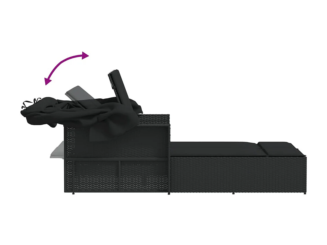 Ligbed 2-persoons met luifel en kussens poly rattan zwart