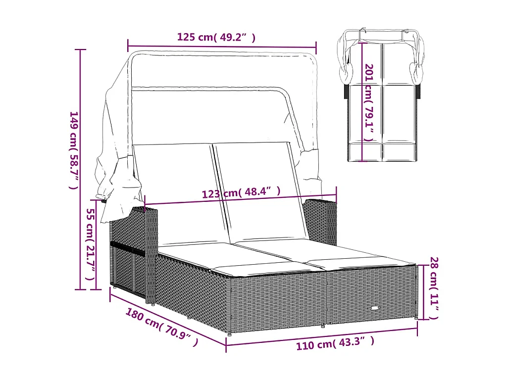 Ligbed 2-persoons met luifel en kussens poly rattan zwart