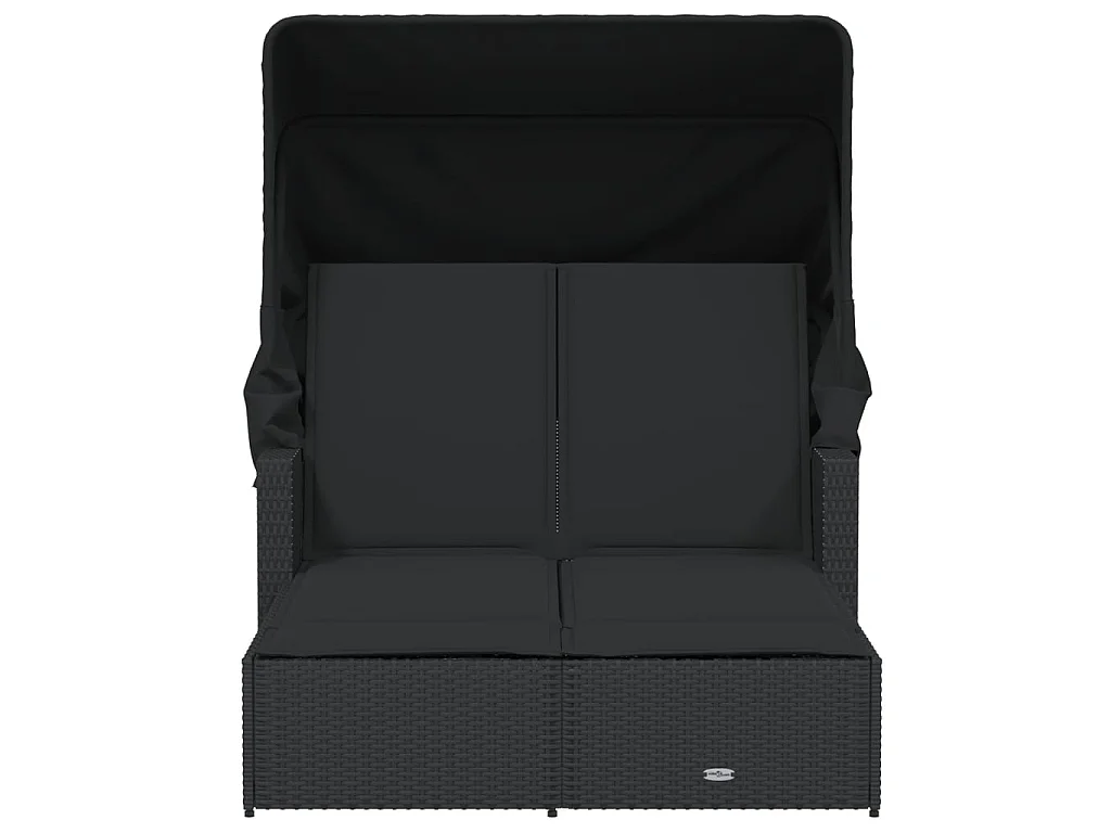 Ligbed 2-persoons met luifel en kussens poly rattan zwart