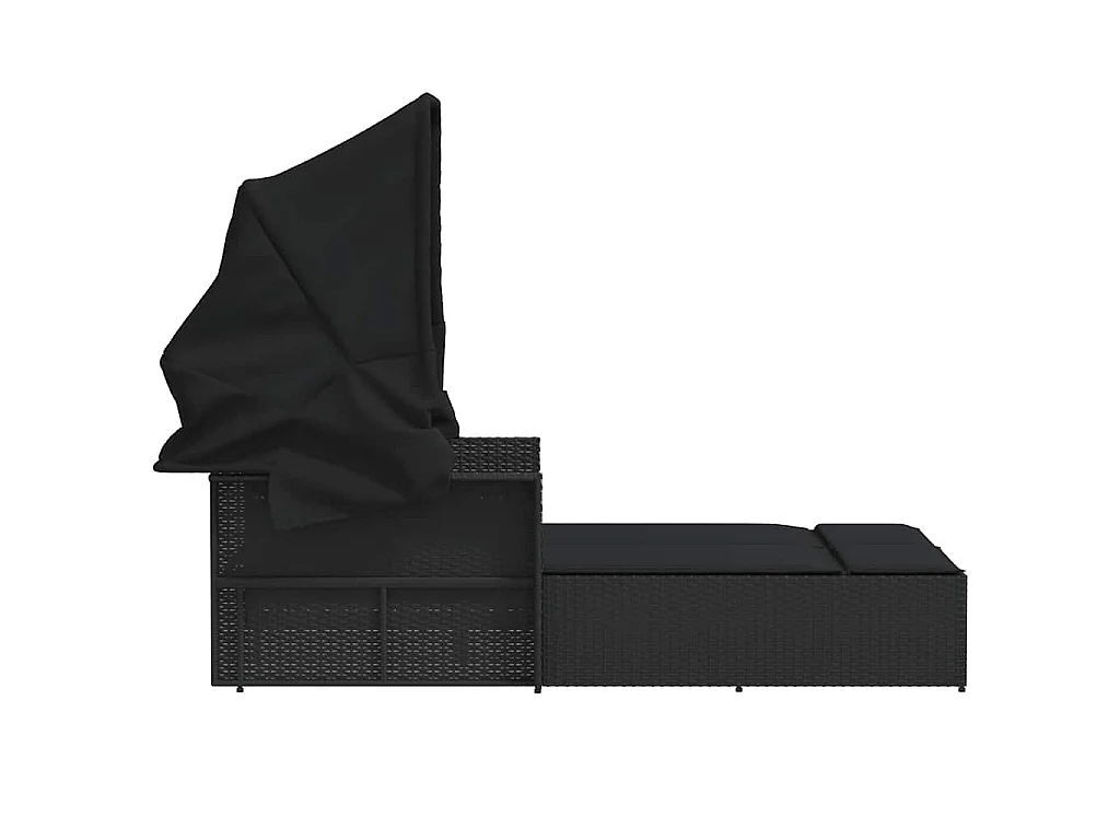 Ligbed 2-persoons met luifel en kussens poly rattan zwart