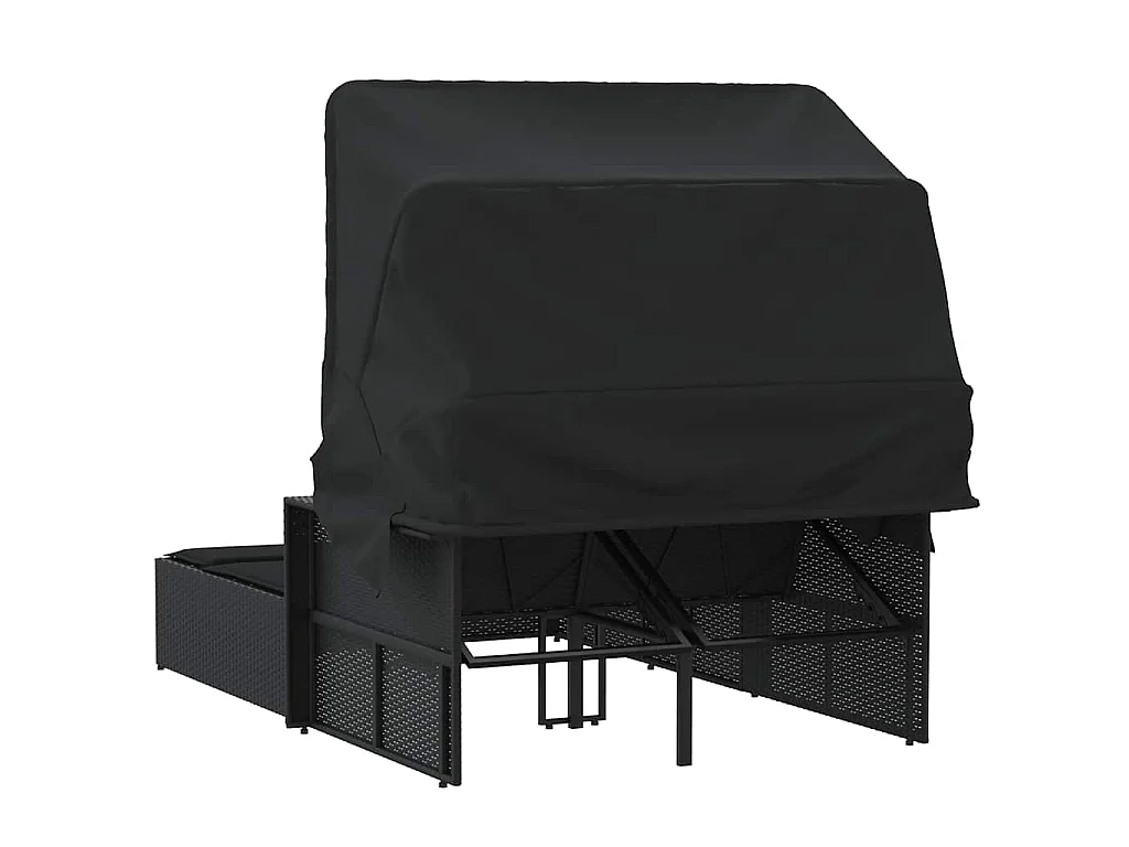 Ligbed 2-persoons met luifel en kussens poly rattan zwart