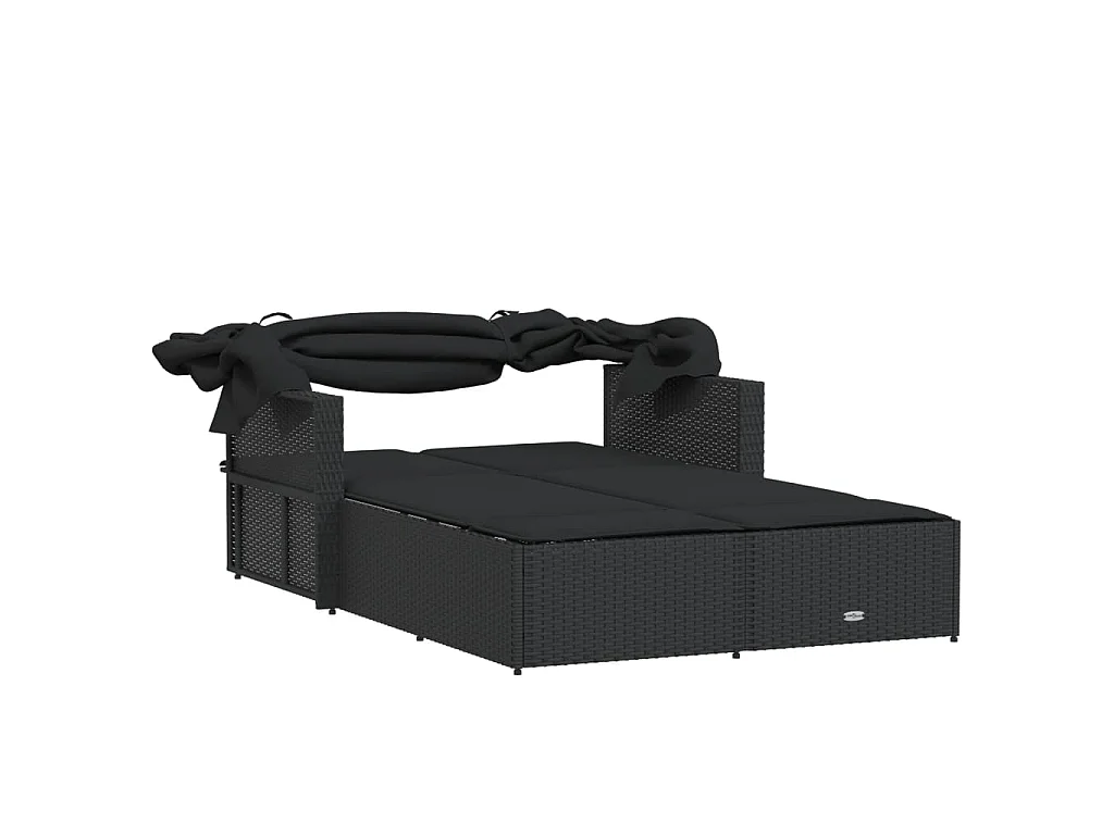 Ligbed 2-persoons met luifel en kussens poly rattan zwart