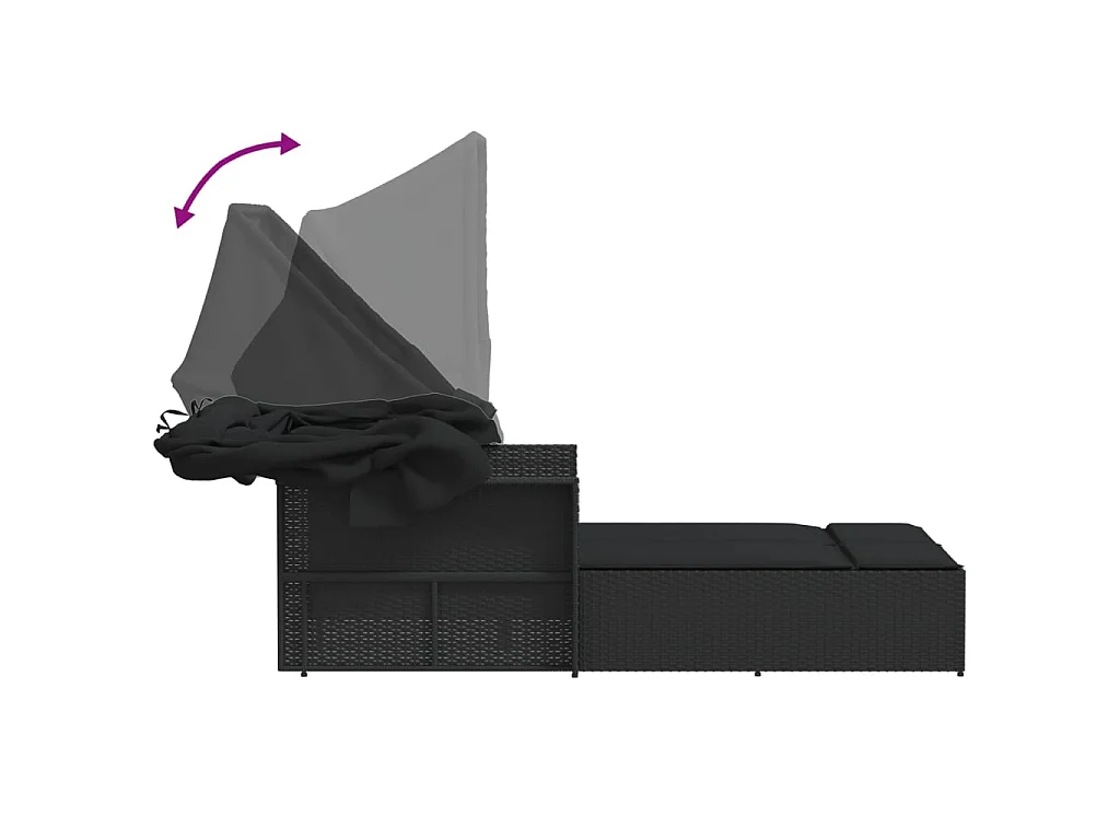 Ligbed 2-persoons met luifel en kussens poly rattan zwart