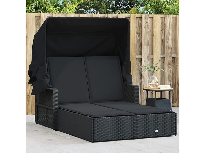 Doppel-Sonnenliege mit Dach und Auflagen Schwarz Poly Rattan