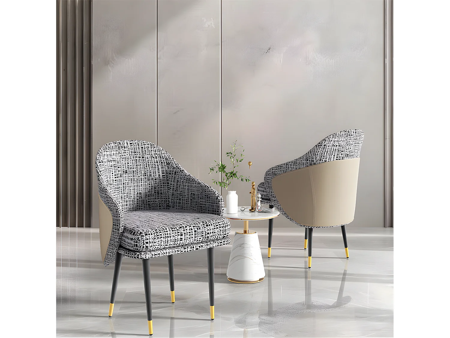 Conjunto de 2 sillas de comedor de lino con patas de metal - Gris claro y beige - Silla moderna acolchonada con revestimiento de tela