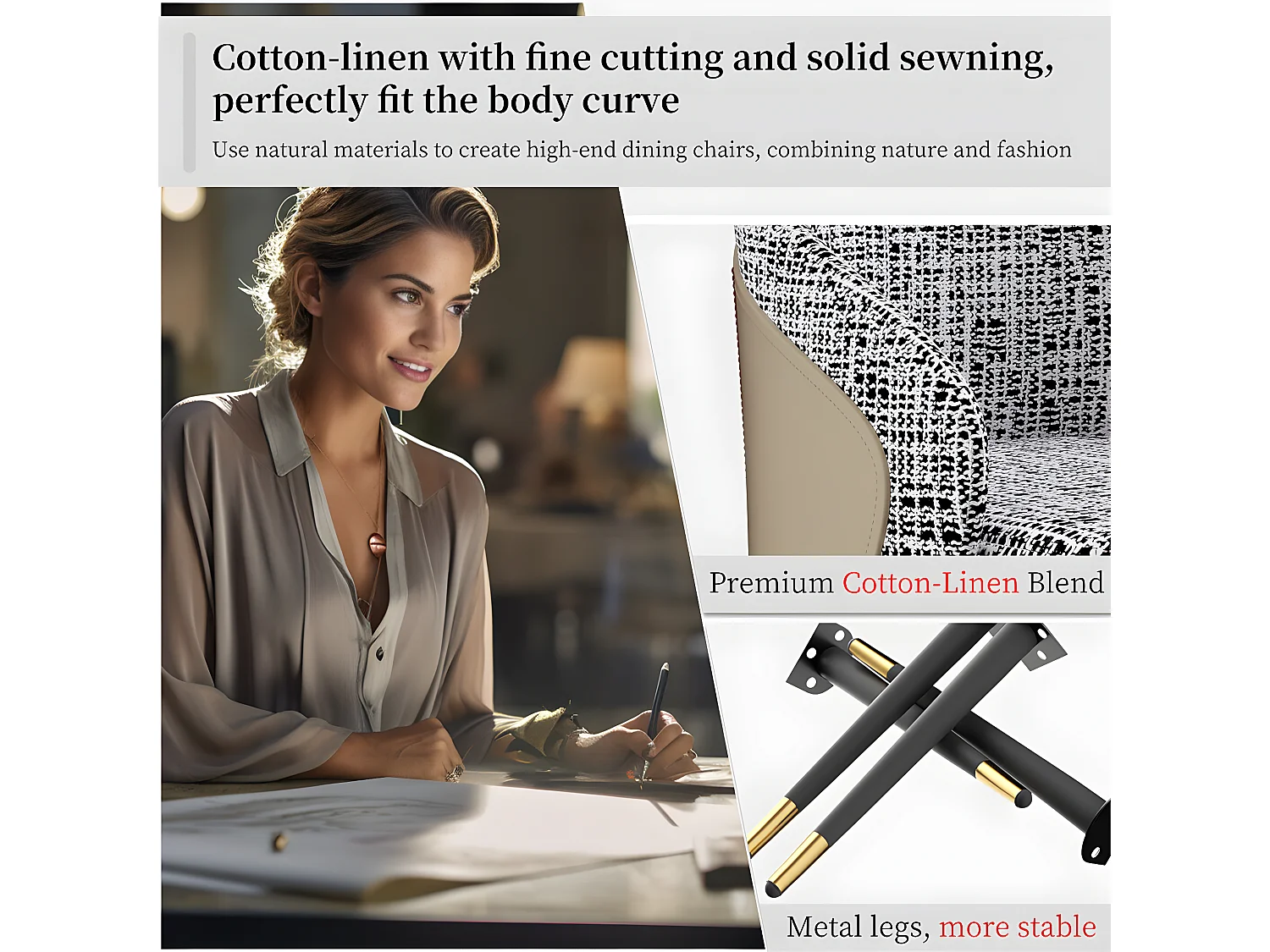 Conjunto de 2 sillas de comedor de lino con patas de metal - Gris claro y beige - Silla moderna acolchonada con revestimiento de tela