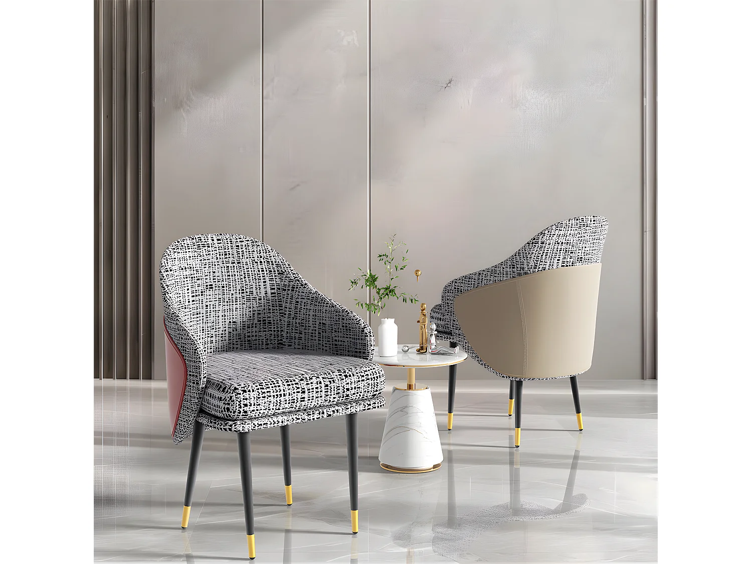 Conjunto de 2 sillas de comedor de lino con patas de metal - Gris claro y beige - Silla moderna acolchonada con revestimiento de tela
