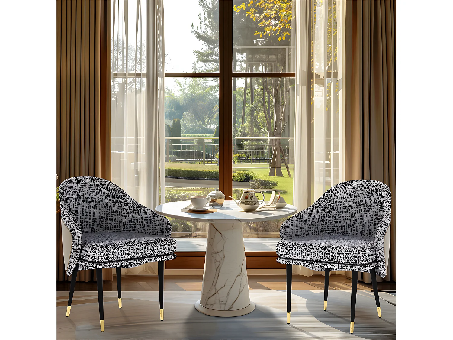 Conjunto de 2 sillas de comedor de lino con patas de metal - Gris claro y beige - Silla moderna acolchonada con revestimiento de tela