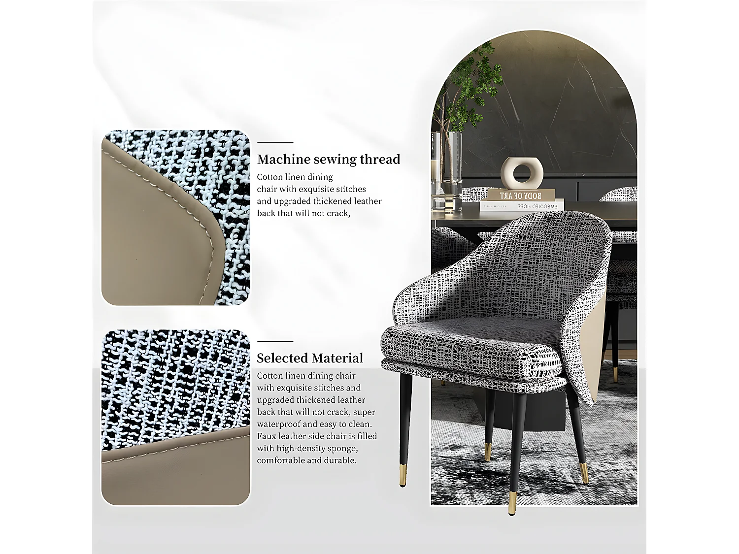 Lot de 2 Chaise de salle à manger en lin avec pieds en Métal - Gris Clair et beige - Moderne Siège rembourré avec revêtement en tissu