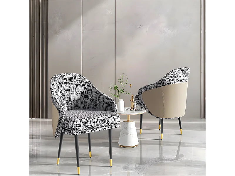 Lot de 2 Chaise de salle à manger en lin avec pieds en Métal - Gris Clair et beige - Moderne Siège rembourré avec revêtement en tissu