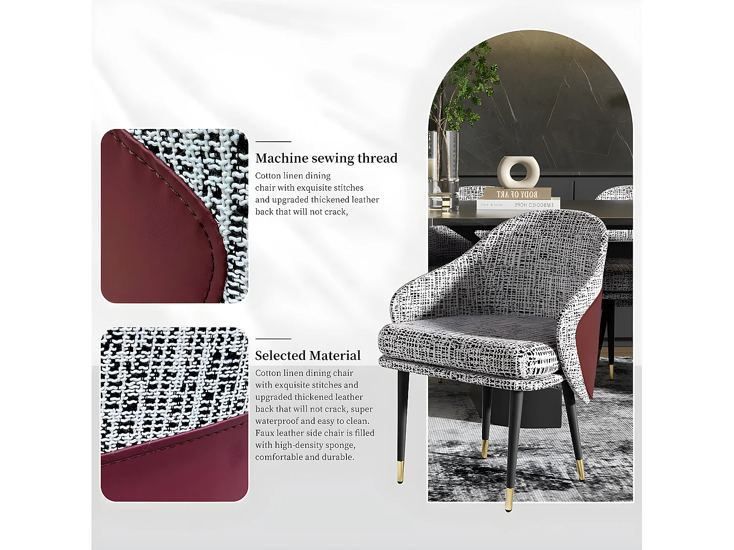 Juego de 2 sillas de comedor en lino con patas de metal - Gris claro y rojo - Moderna silla acolchada con tapizado en tela