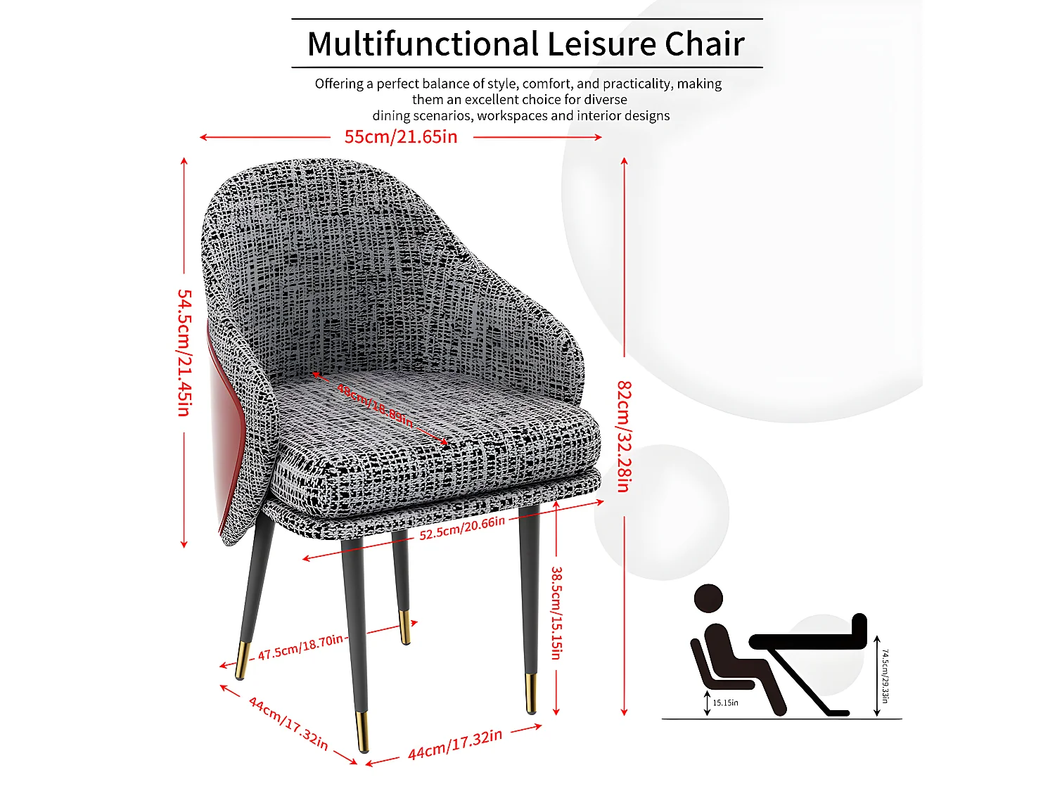 Juego de 2 sillas de comedor en lino con patas de metal - Gris claro y rojo - Moderna silla acolchada con tapizado en tela