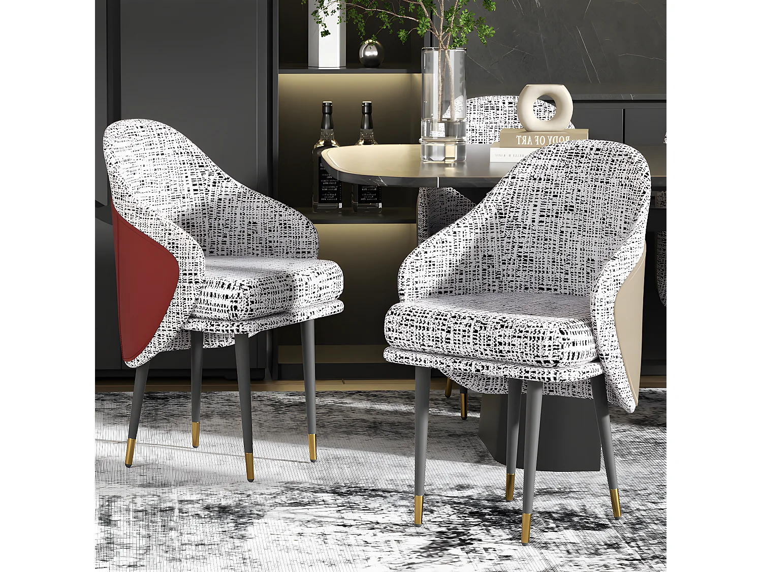 Juego de 2 sillas de comedor en lino con patas de metal - Gris claro y rojo - Moderna silla acolchada con tapizado en tela