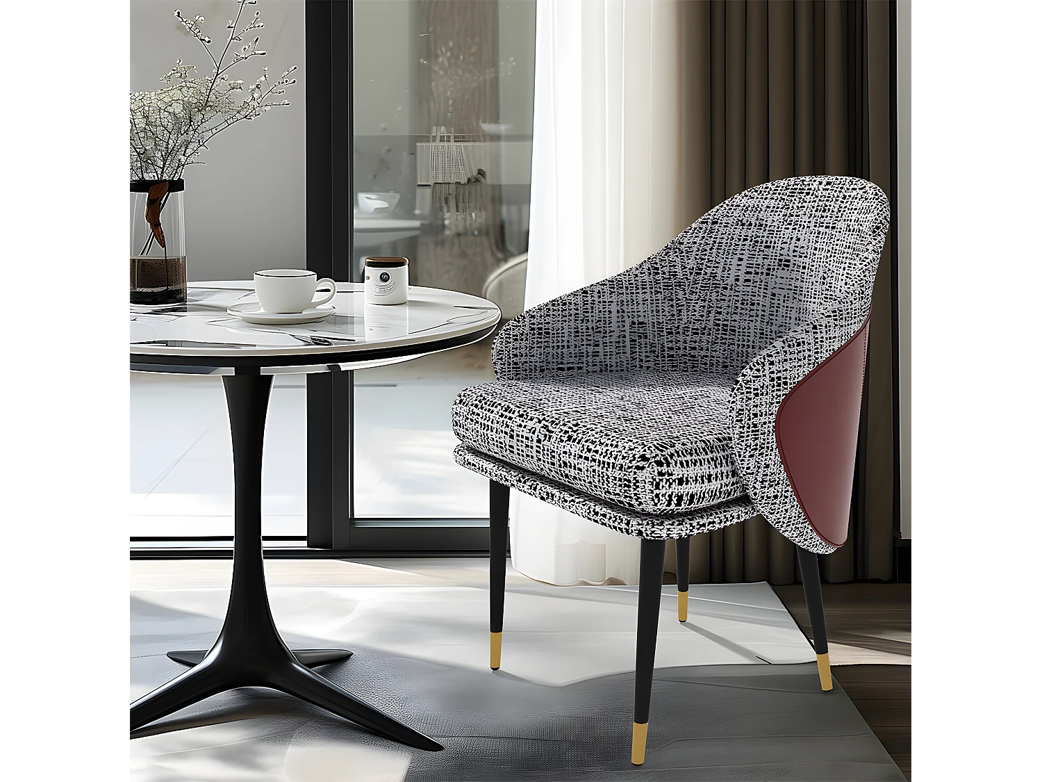 Juego de 2 sillas de comedor en lino con patas de metal - Gris claro y rojo - Moderna silla acolchada con tapizado en tela