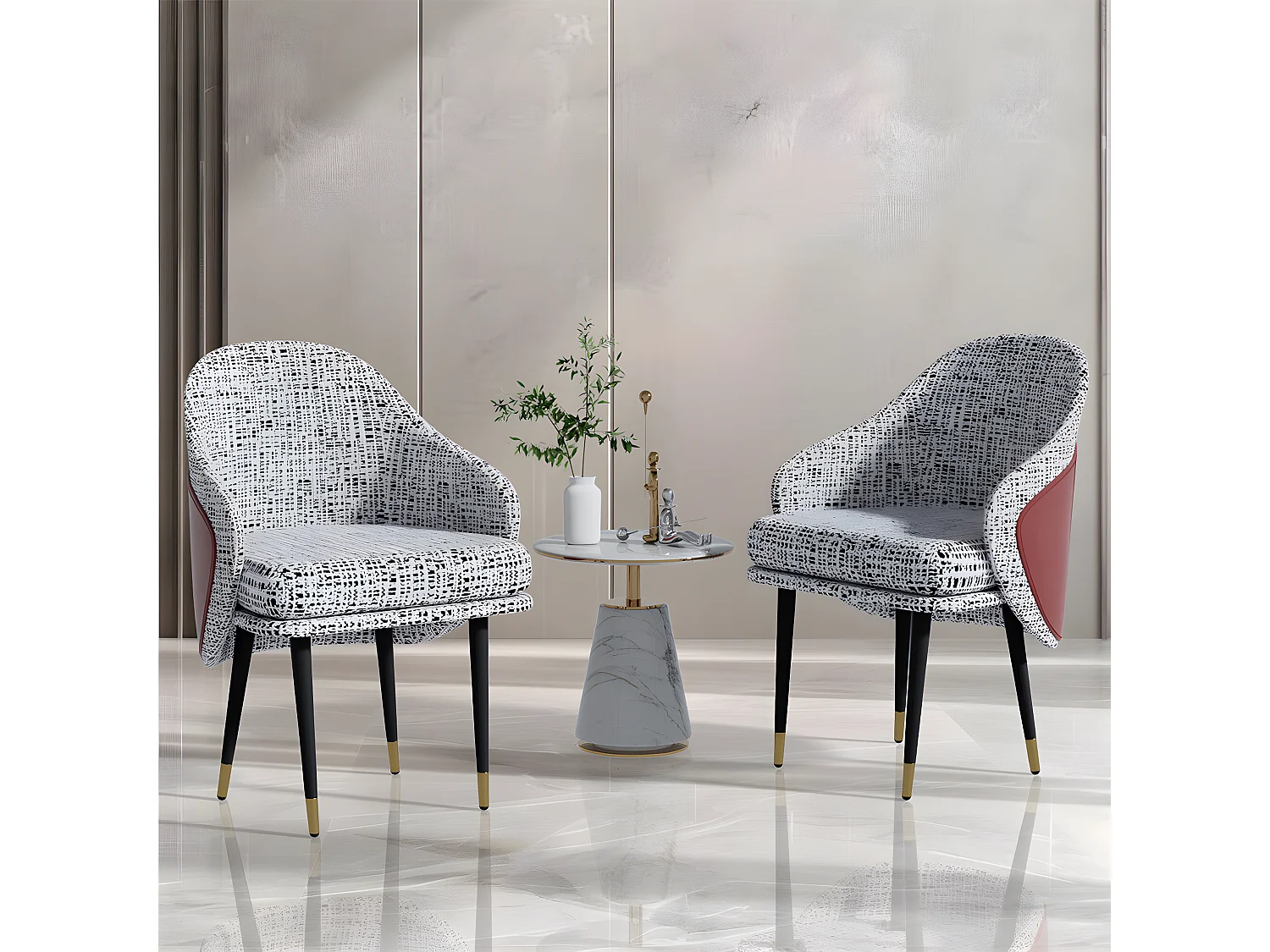 Lot de 2 Chaise de salle à manger en lin avec pieds en Métal - Gris Clair et rouge - Moderne Siège rembourré avec revêtement en tissu