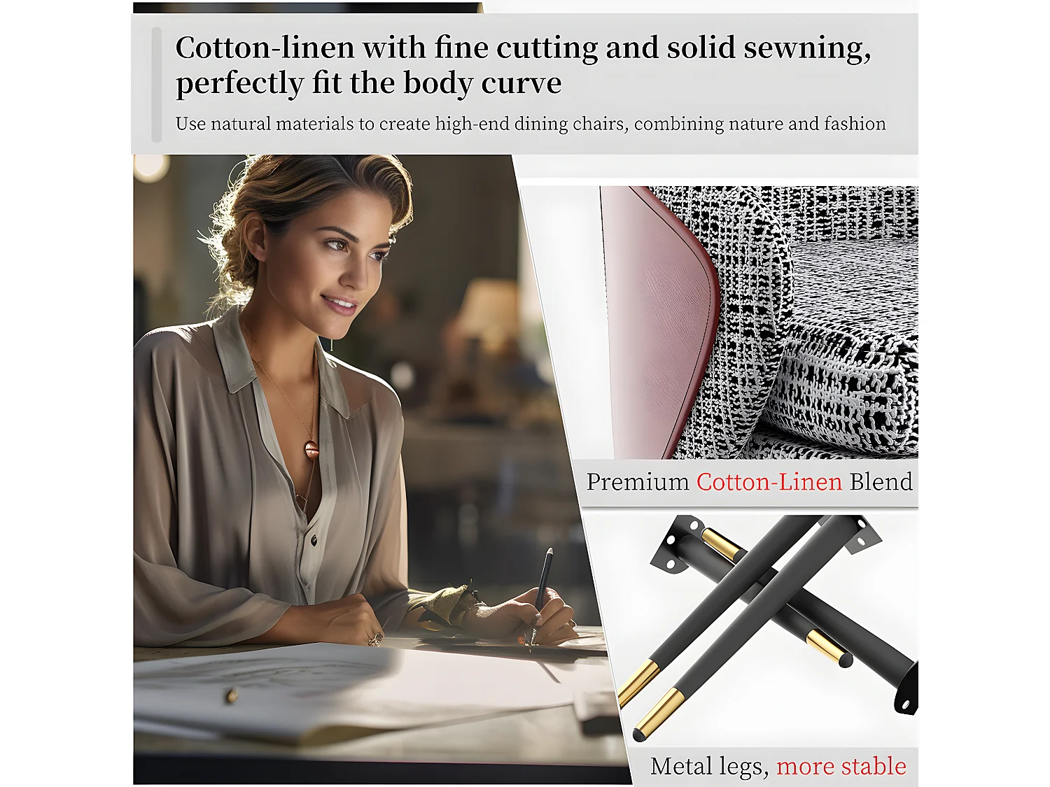 Lot de 2 Chaise de salle à manger en lin avec pieds en Métal - Gris Clair et rouge - Moderne Siège rembourré avec revêtement en tissu