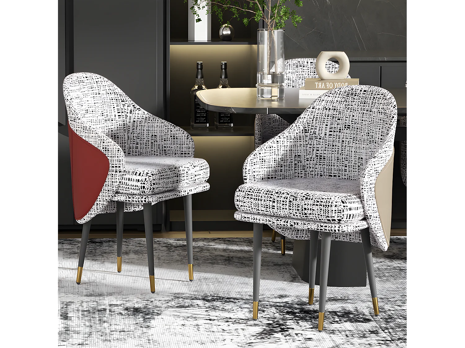 Juego de 2 sillas de comedor en lino con patas de metal - Gris claro y rojo - Moderna silla acolchada con tapizado en tela