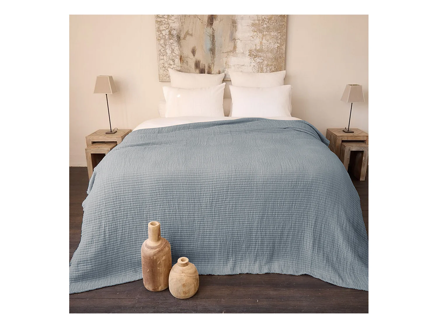 Dessus de lit 180x250 cm en coton lavé SEVILLE bleu abysse