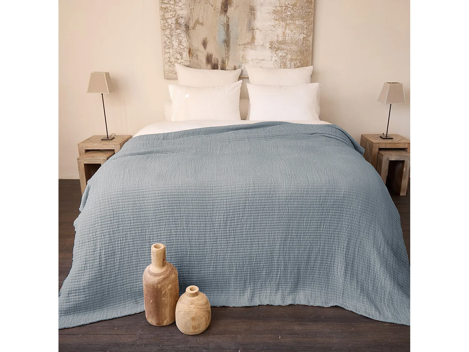 Dessus de lit 180x250 cm en coton lavé SEVILLE bleu abysse