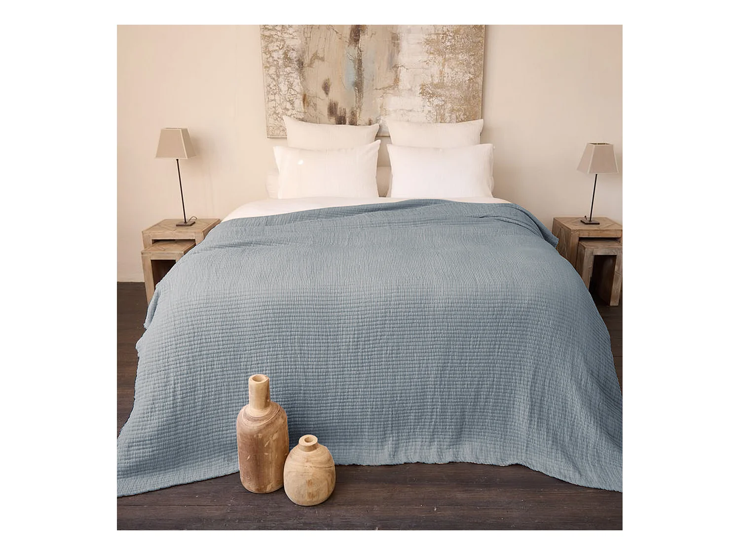 Dessus de lit 230x250 cm en coton lavé SEVILLE bleu abysse