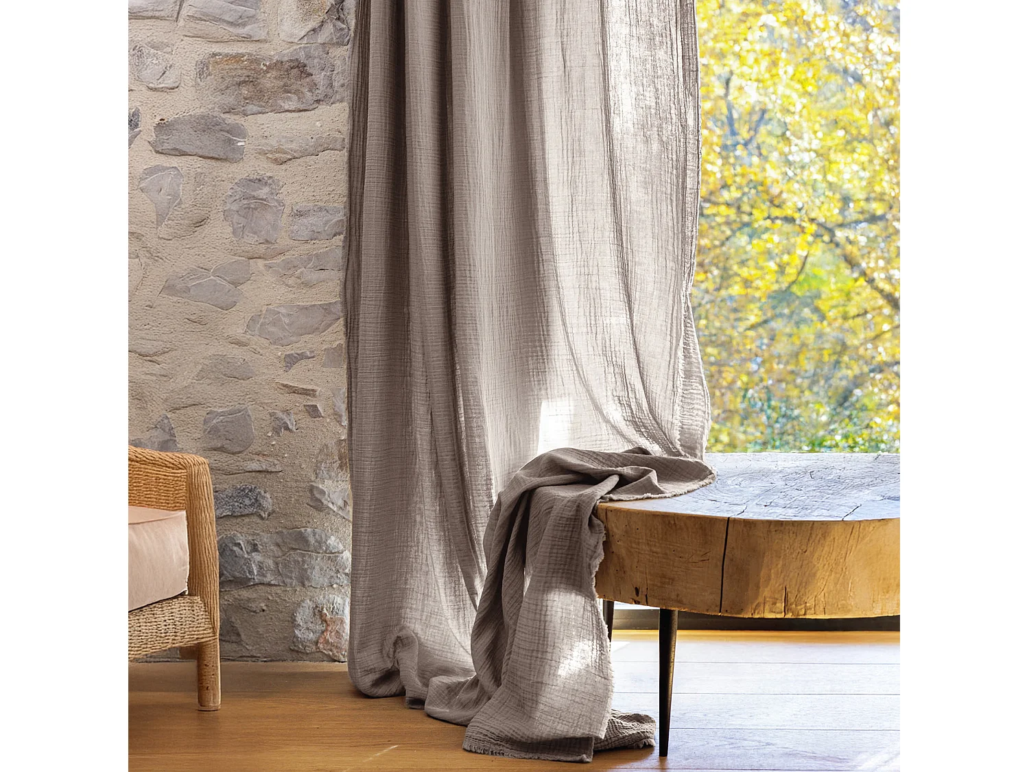 Rideau 140x280 cm 100% mousseline de coton MILOS beige naturel