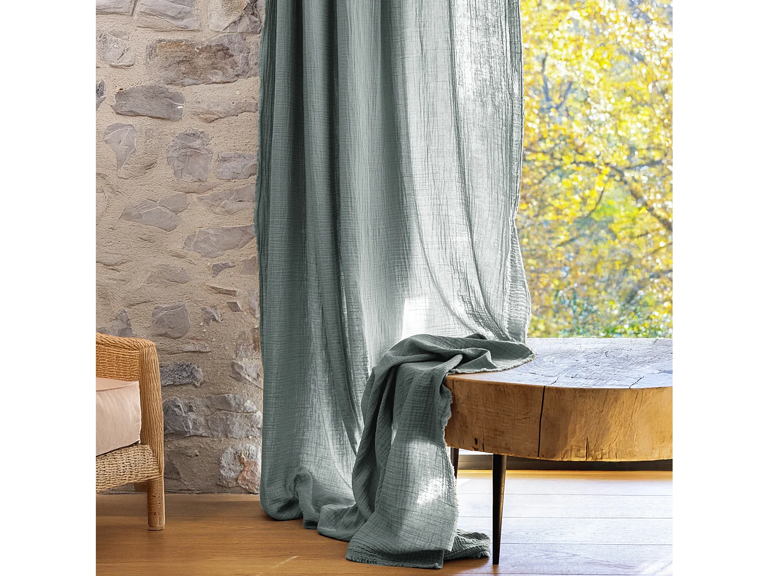 Rideau 140x280 cm 100% mousseline de coton MILOS vert lichen