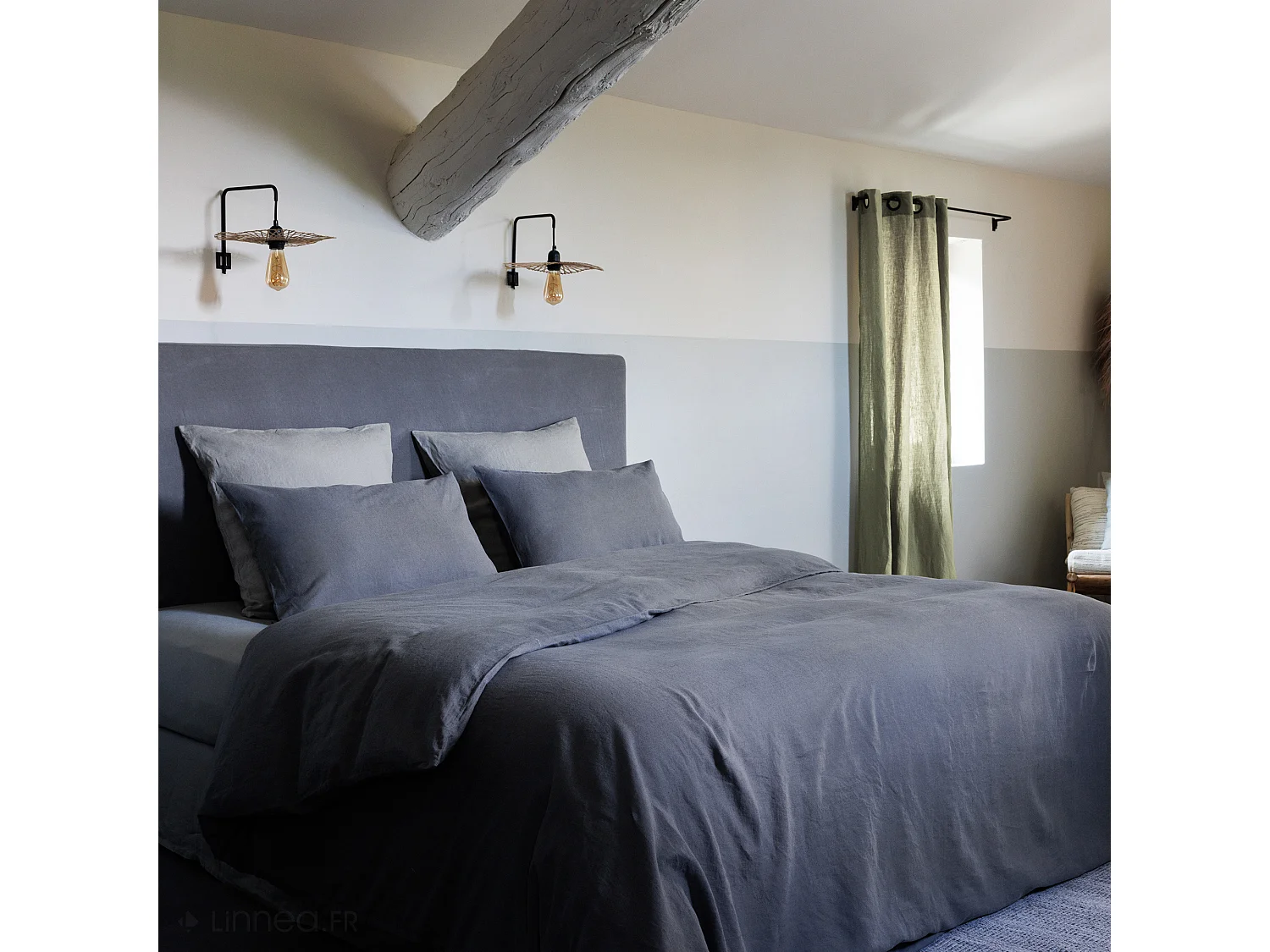 Rideau 8 œillets 140x280 cm OPERA DECO 50% lin et 50% coton vert mousse