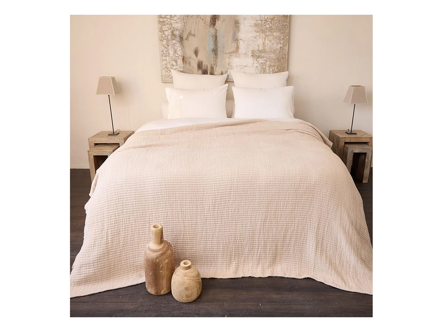 Plaid 125x180 cm en coton lavé SEVILLE blanc latte