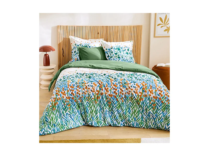 Parure 240x220 cm 50x70 cm coton ÉVASION Blanc vert 3 pièces