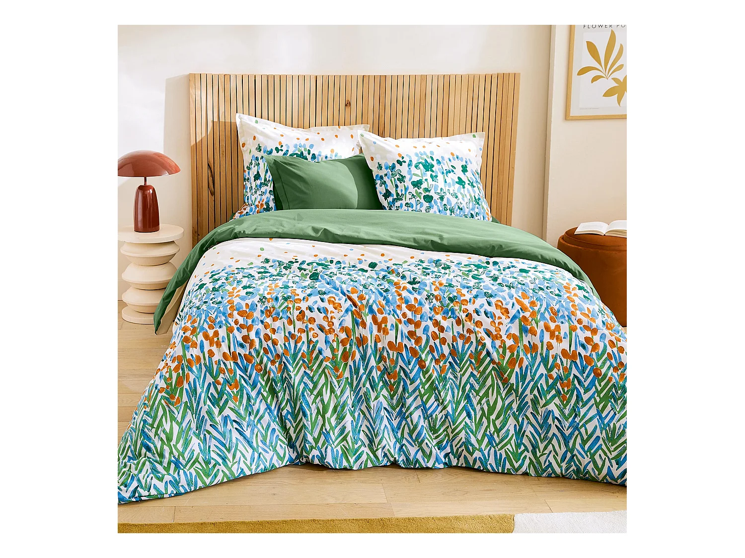 Parure 200x200 cm 65x65 cm coton ÉVASION Blanc vert 3 pièces