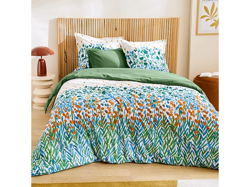 Parure 200x200 cm 65x65 cm coton ÉVASION Blanc vert 3 pièces