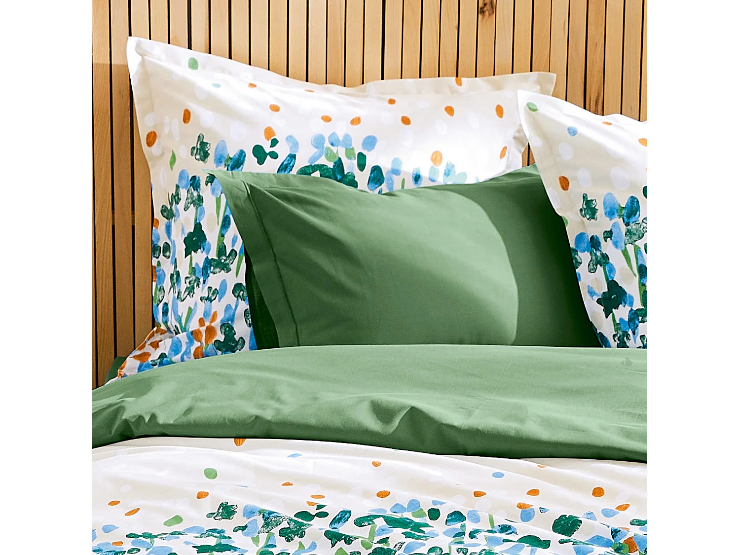 Parure 140x200 cm 50x70 cm coton ÉVASION Blanc vert 2 pièces