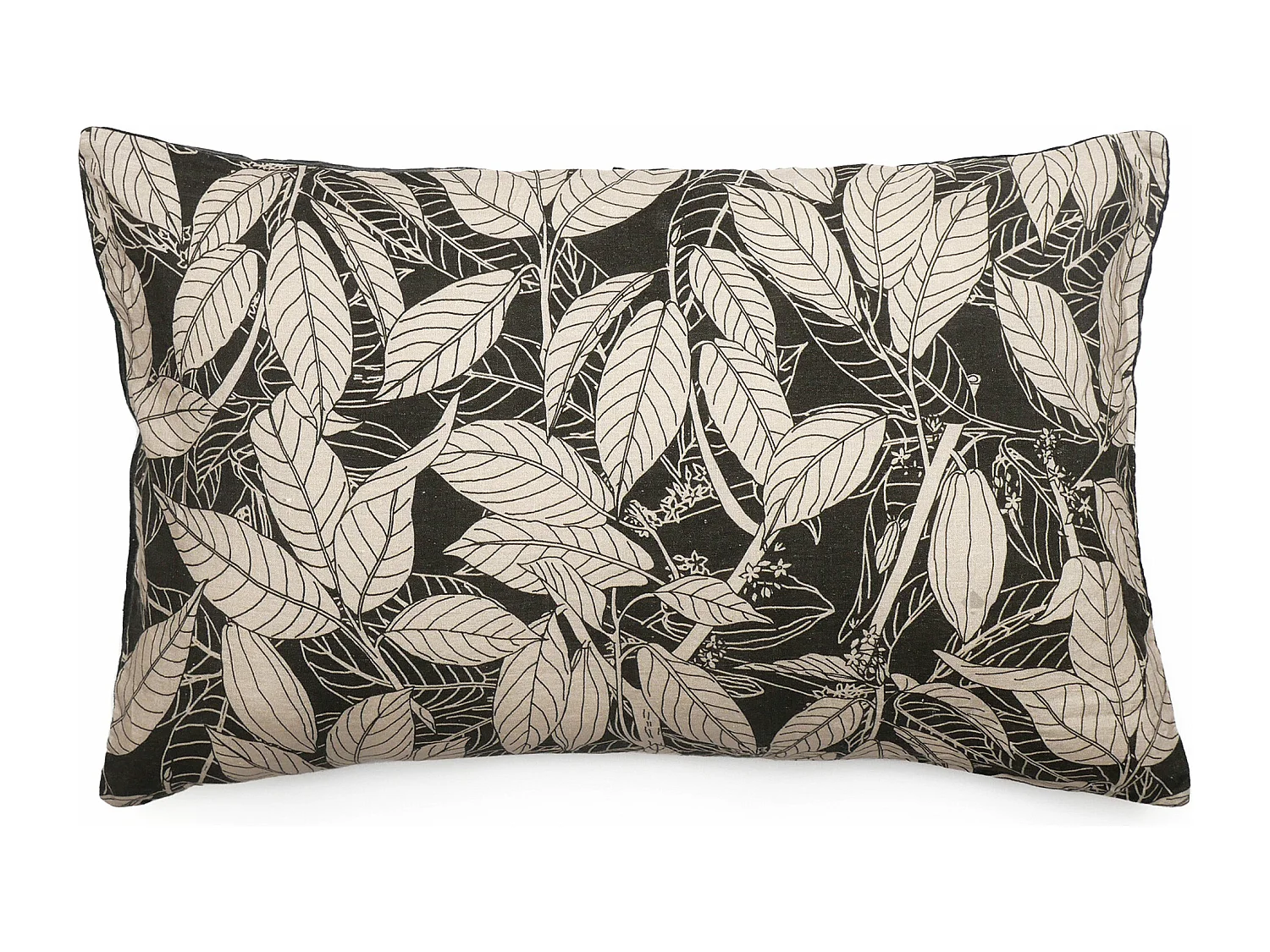 Housse de coussin 40x60 cm lin lavé imprimé végétal HELIOS noir Café
