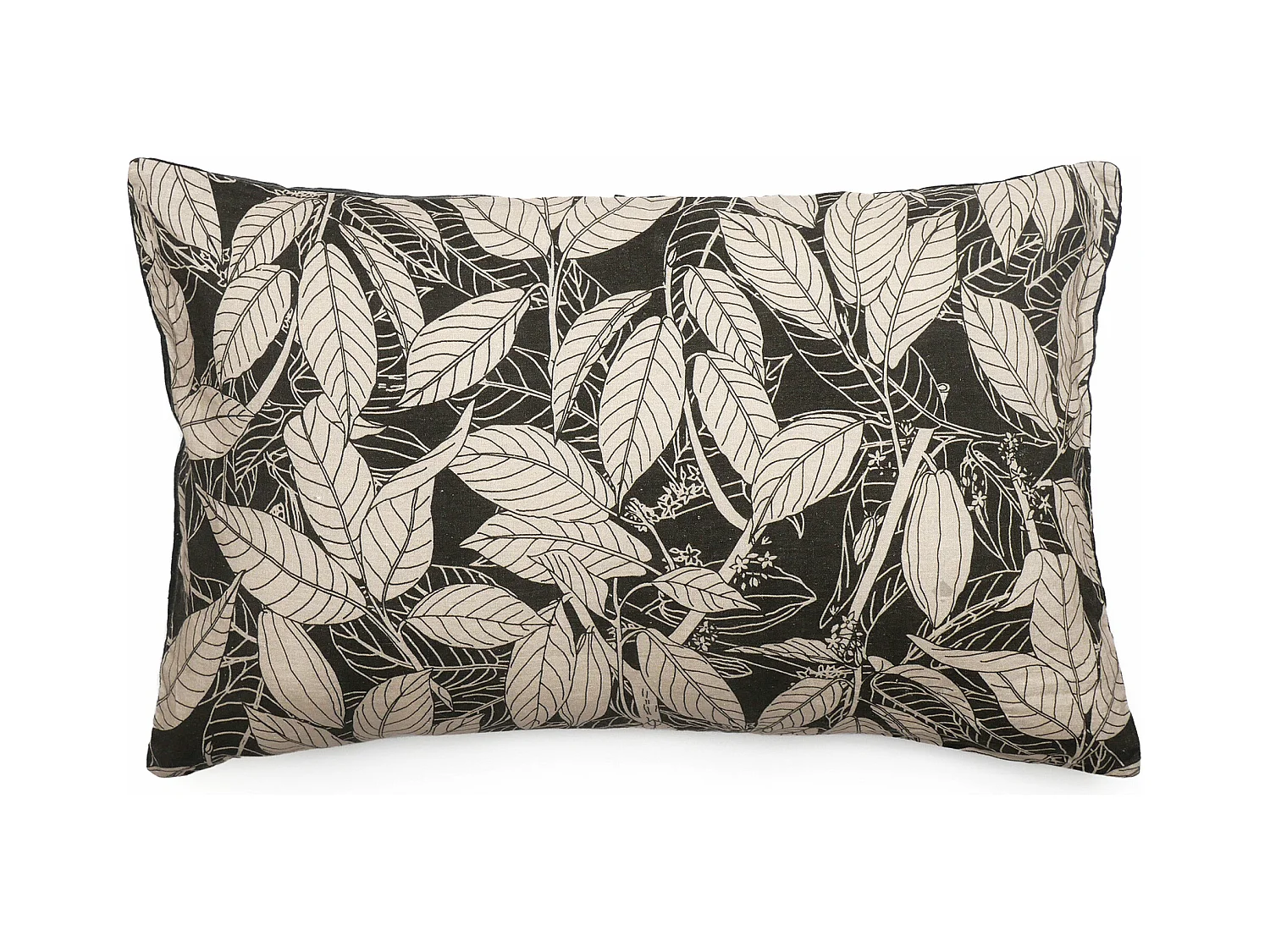 Housse de coussin 40x60 cm lin lavé imprimé végétal HELIOS noir Café
