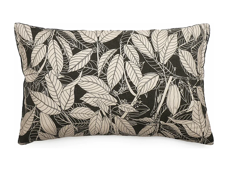 Housse de coussin 40x60 cm lin lavé imprimé végétal HELIOS noir Café