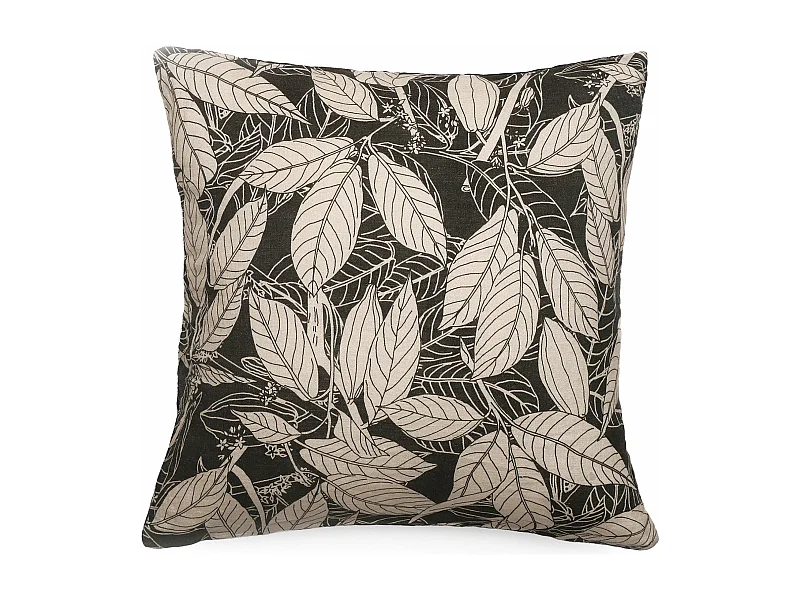 Housse de coussin 45x45 cm lin lavé imprimé végétal HELIOS noir Café
