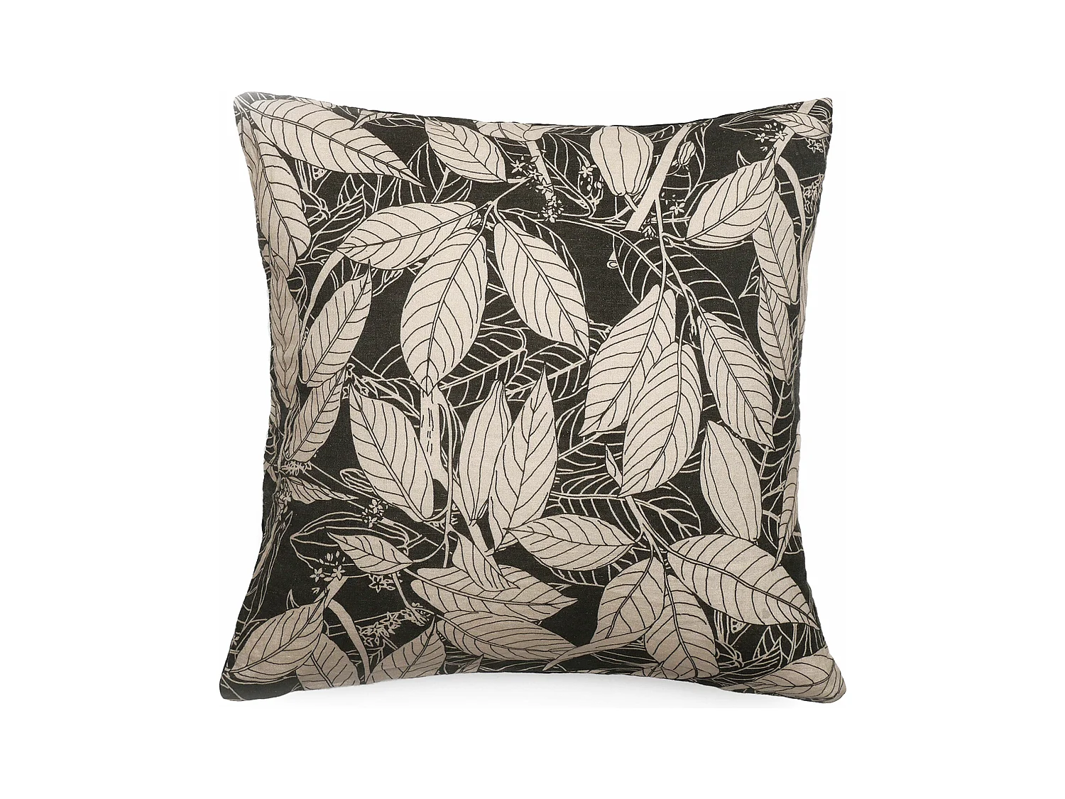 Housse de coussin 45x45 cm lin lavé imprimé végétal HELIOS noir Café