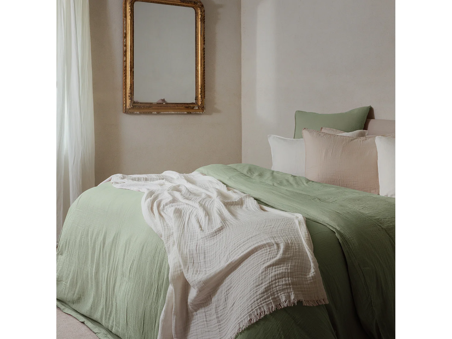 Housse de couette 260x240 cm mousseline de coton MILOS vert mousse