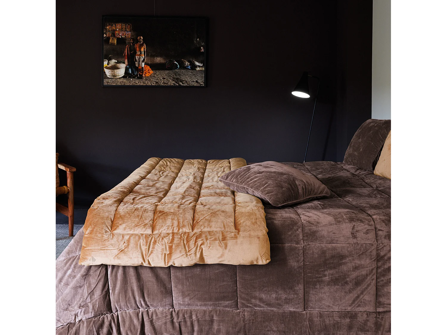 Couvre-lit 180x240 moki en velours de polyester piquage carreau Bison