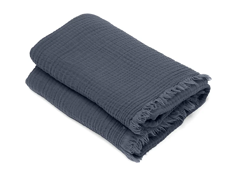 Drap de plage 95x180 cm mousseline de coton collection KEA avec franges bleu lauze