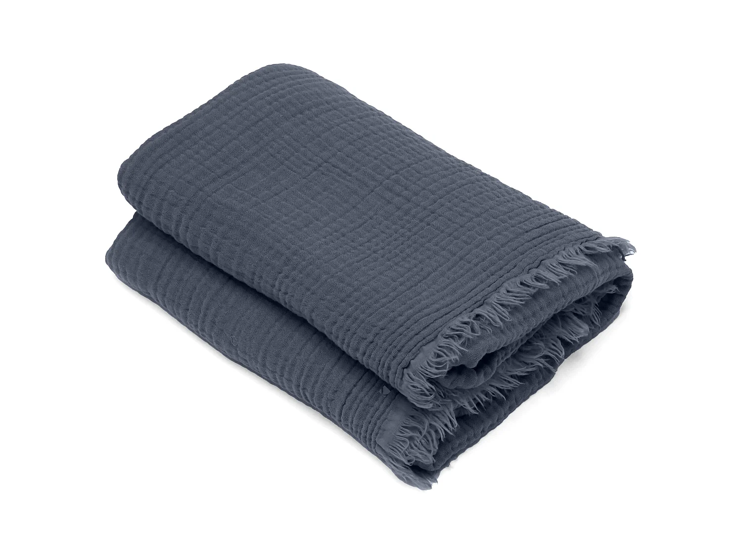 Drap de plage 95x180 cm mousseline de coton collection KEA avec franges bleu lauze