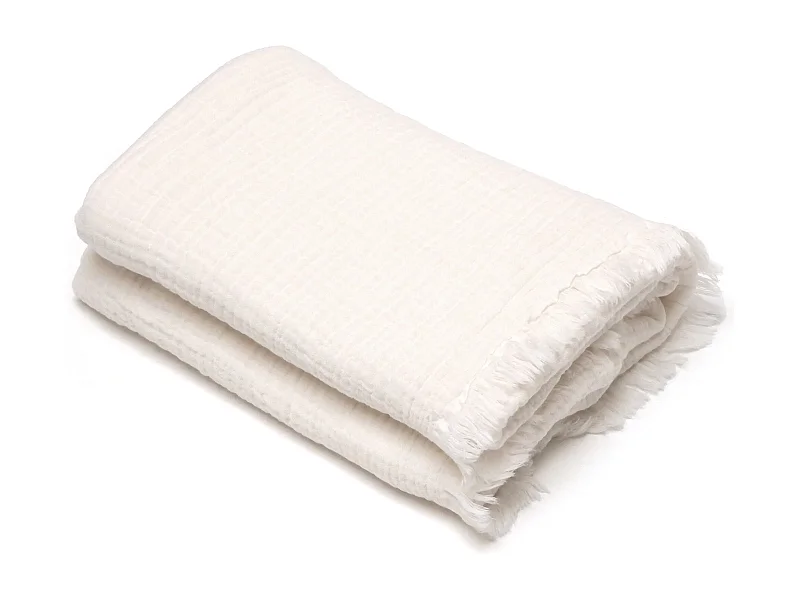 Drap de plage 95x180 cm mousseline de coton collection KEA avec franges blanc neige