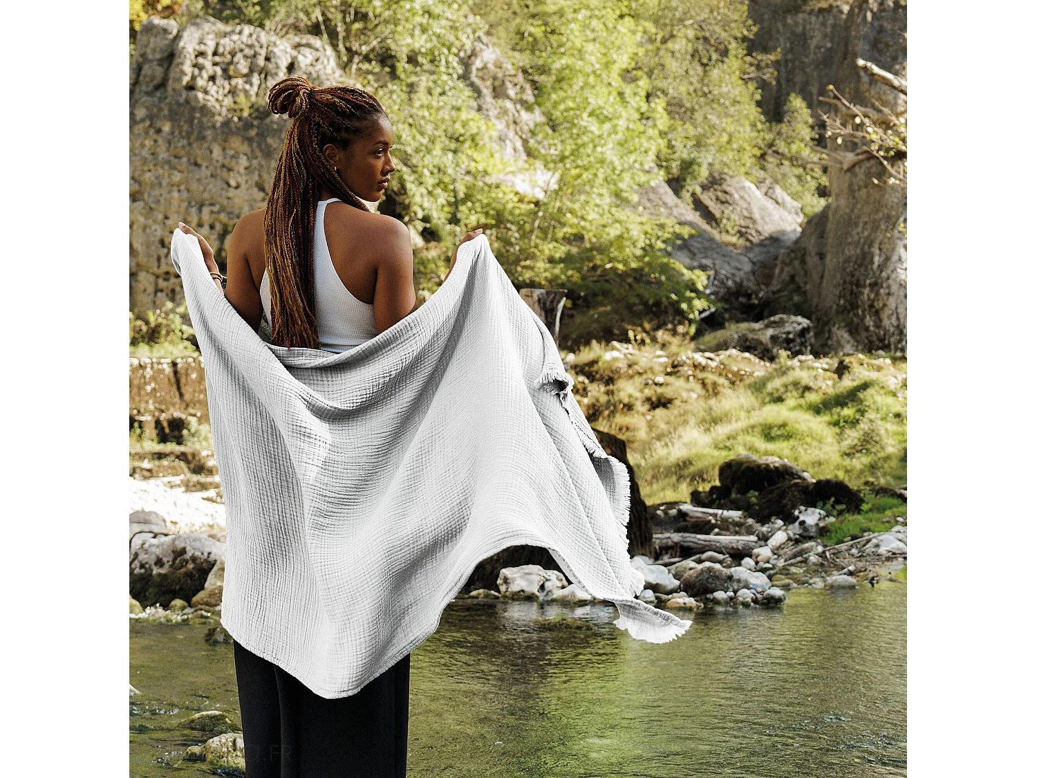 Drap de plage 95x180 cm mousseline de coton collection KEA avec franges blanc neige