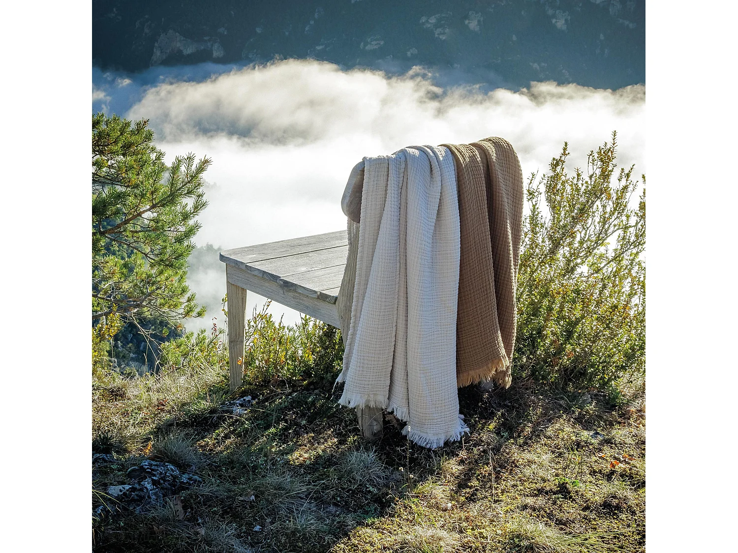 Drap de plage 95x180 cm mousseline de coton collection KEA avec franges blanc neige